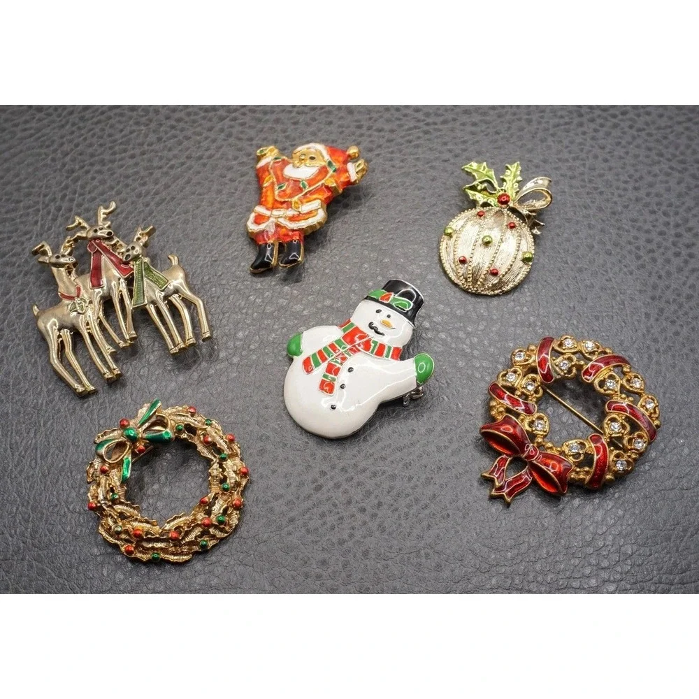 Vintage To Mod Christmas Holiday Enamel Brooch Pin Lot Gold Tone Rhinestone